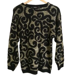 𝅺VINTAGE French Y2K 80s Black & Gold Arabesque Knitted Scoop Neck Sweater Large